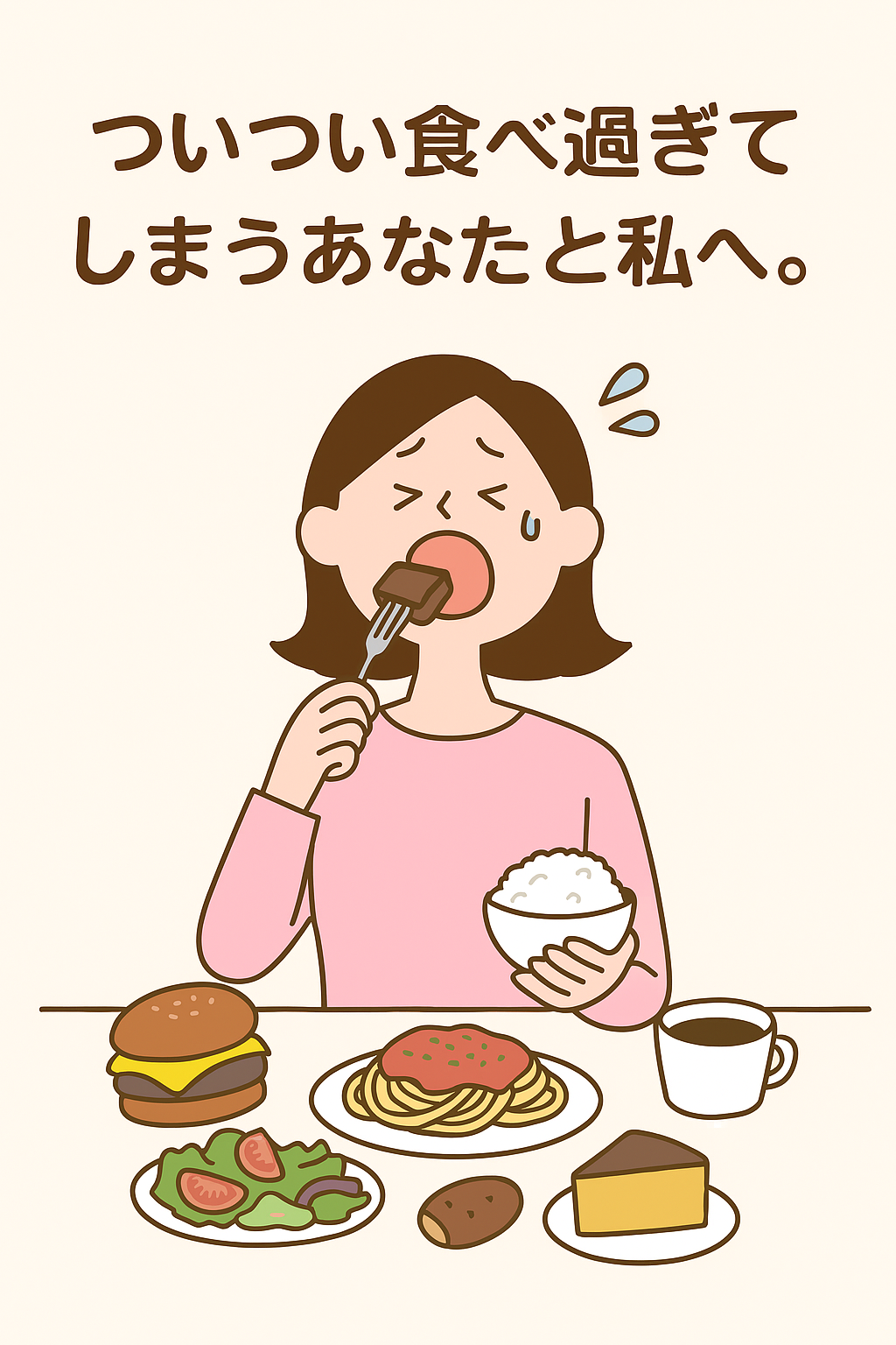 「ついつい食べ過ぎてしまうあなたと私へ。」というタイトルの下で、ピンクの服を着た女性がテーブルに並んだ料理を前に甘いものを食べている様子。チョコレートケーキをフォークで口に運びながら、片手に白ごはんの茶碗を持ち、表情は満足と少し焦りが混じったような印象。テーブルにはハンバーガー、サラダ、スパゲッティ、パン、コーヒー、ケーキなど が並んでいる。