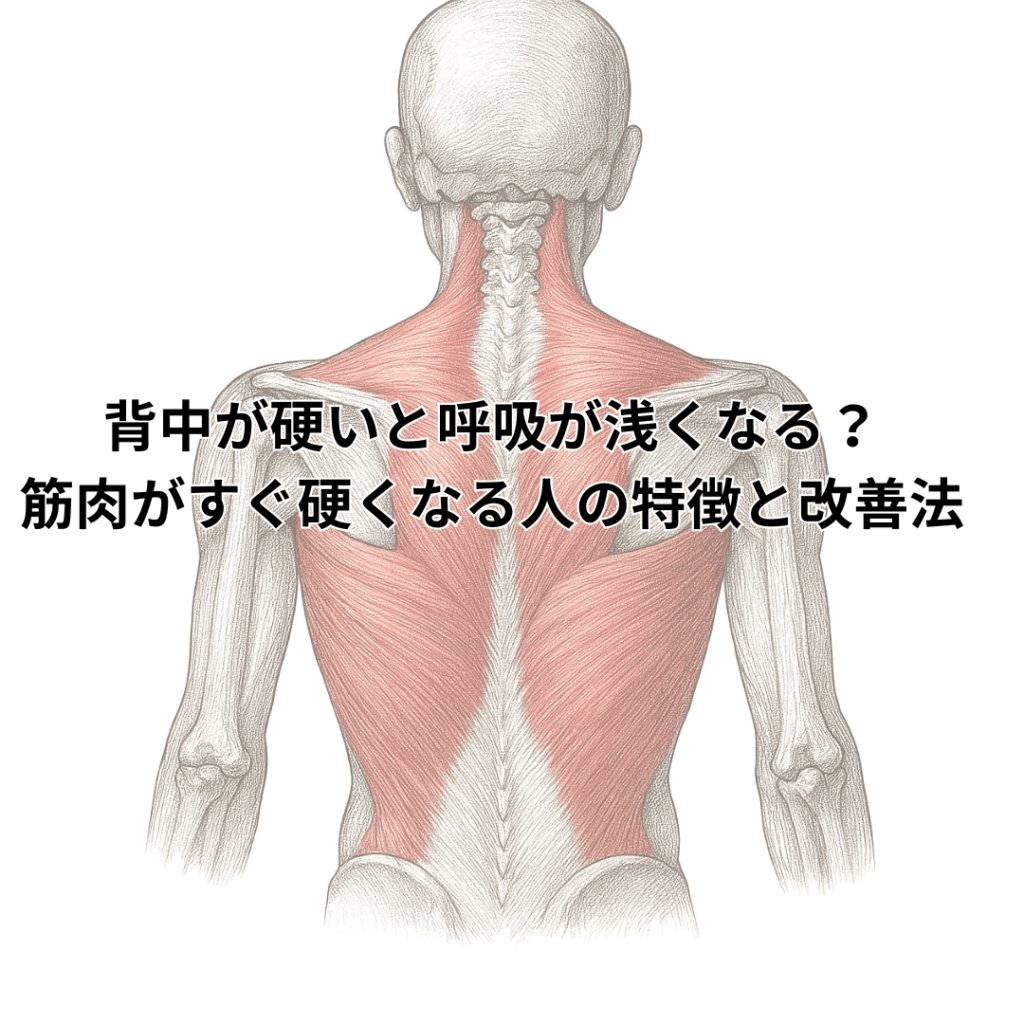 背面から見た人体の筋肉構造図。赤く着色された背中の筋肉が強調され、脊柱を中心に広がる筋層が詳細に描かれている。画像上部には『背中が硬いと呼吸が浅くなる？筋肉がすぐ硬くなる人の特徴と改善法』という日本語のタイトルが重ねられている。