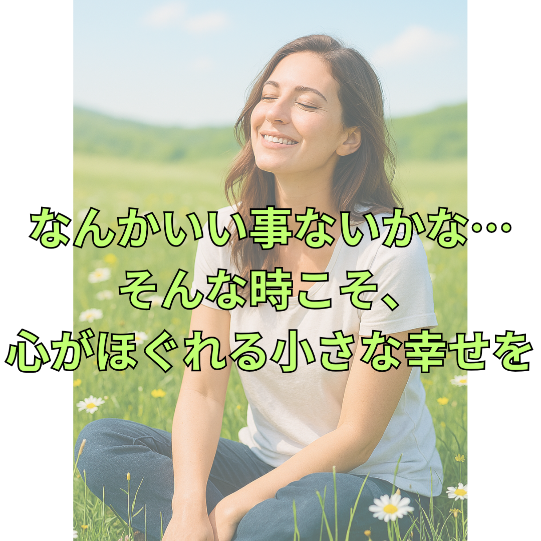 草花が咲く明るい草原に座り、目を閉じて穏やかに微笑む女性。背景には緑の丘と青空が広がり、心がほぐれるような静かな雰囲気が漂っている。