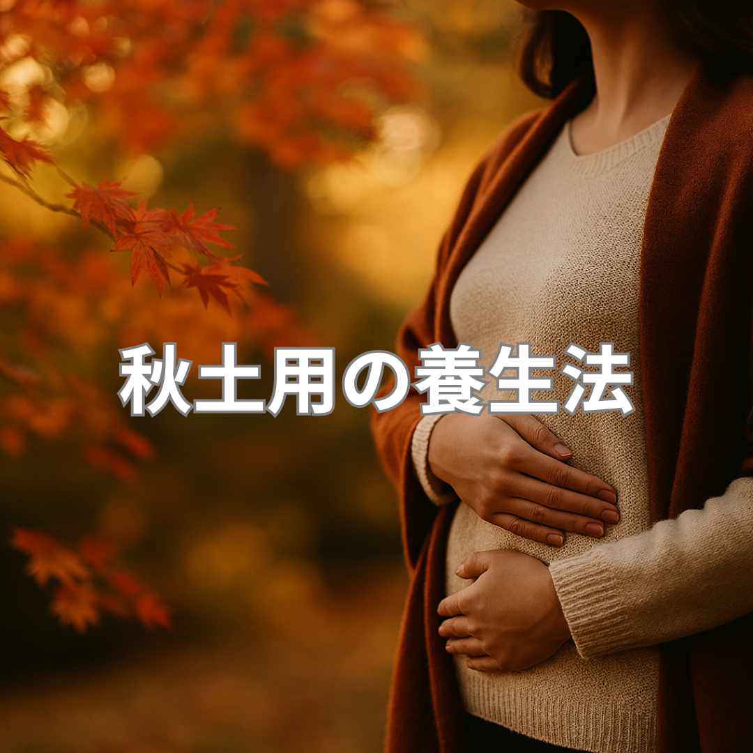 秋の紅葉に包まれた屋外で、クリーム色のセーターと赤茶色のショールをまとった女性が腹部に両手を添えて立っている様子。柔らかな木漏れ日が差し込み、季節の移ろいと内臓ケアを感じさせる穏やかな雰囲気。