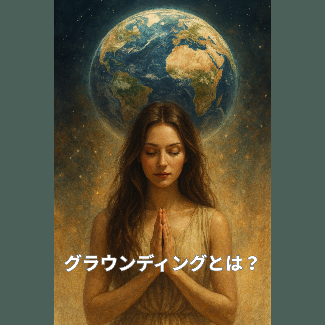 目を閉じて祈りのポーズをとる女性の背後に地球が浮かび、神秘的な光に包まれたグラウンディングのイメージ。女性はベージュのドレスを着ており、足元から丹田へとエネルギーが流れるような静かな雰囲気が漂う。