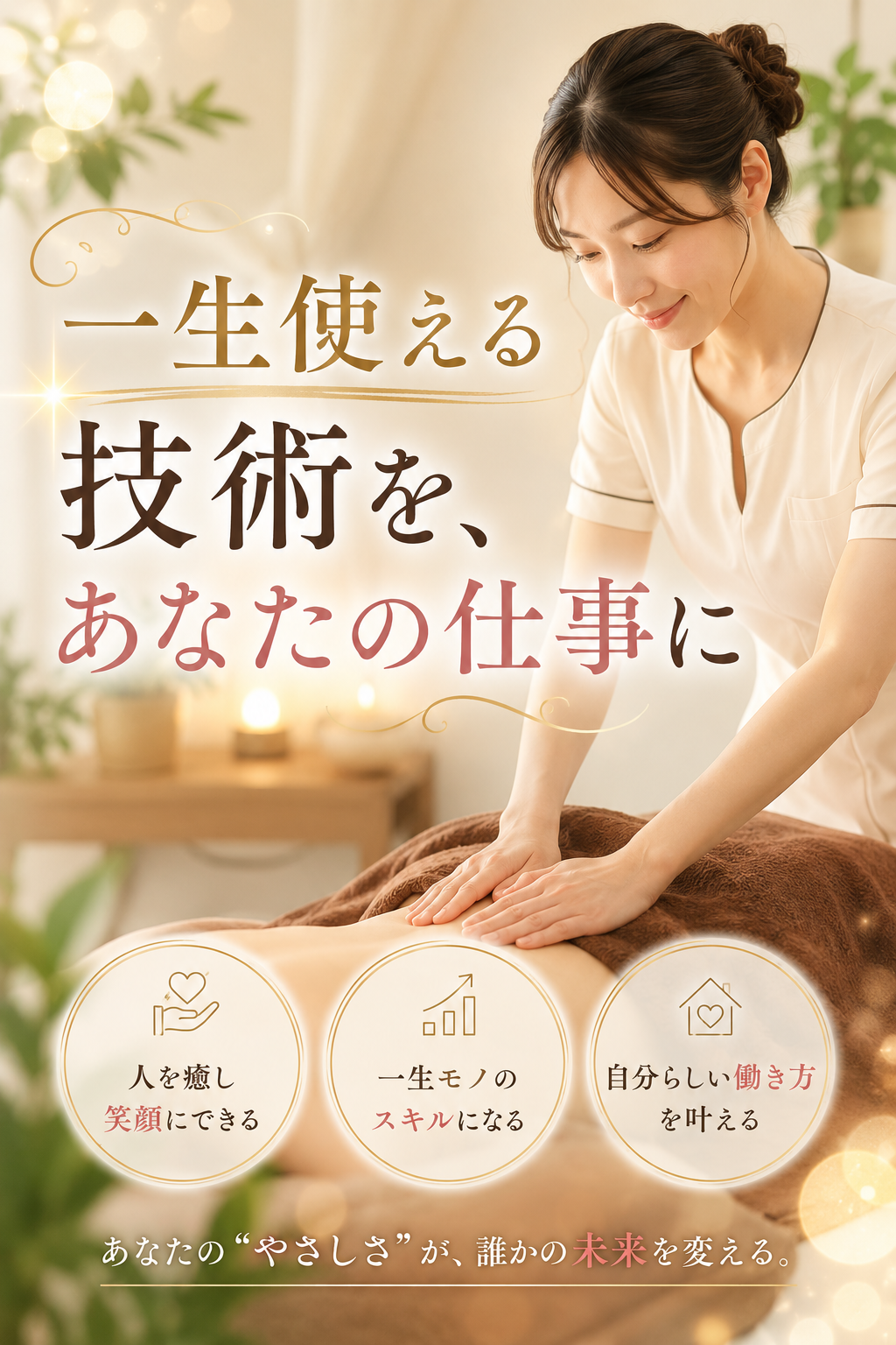 施術者が落ち着いたサロン空間で、うつ伏せのクライアントに丁寧なオイルマッサージを行っている様子。観葉植物とキャンドルが並ぶ癒しの空間で、“一生使える技術を仕事にする”というメッセージが添えられている。