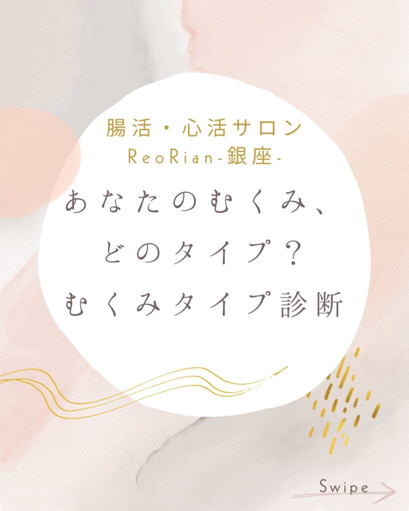 むくみタイプ診断の案内画像。腸活・心活サロンReoRian-銀座-のロゴ入り。
